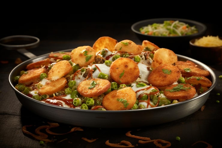 Step-by-step Aalu tikki in air fryer patties fresh out basket, topped with chutney onion tomato for healthy chaat.