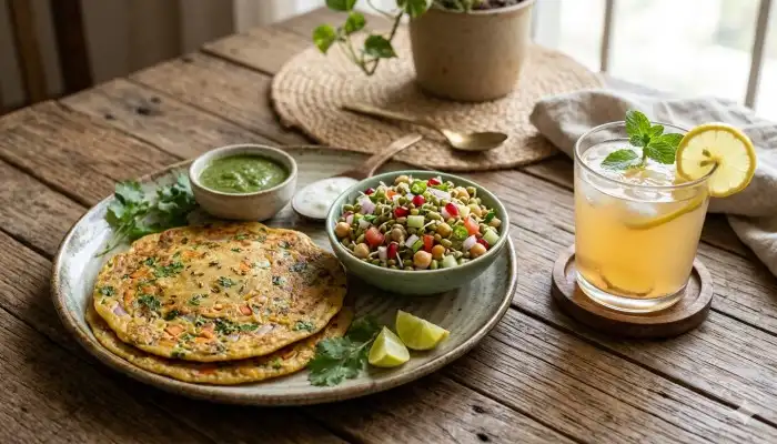 Healthy Indian breakfast pairing with apple cider vinegar drink featuring moong dal cheela and sprouts salad.
