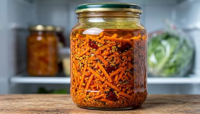 Instant carrot pickle packed tight in a dry glass jar with oil on top to keep it crisp for weeks in the fridge.