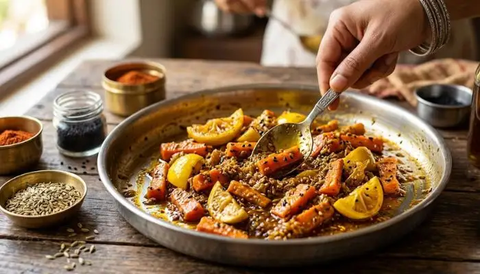 Mixing easy homemade pickle with carrot and lemon with roasted fennel, nigella, and hot mustard oil in a steel thali.