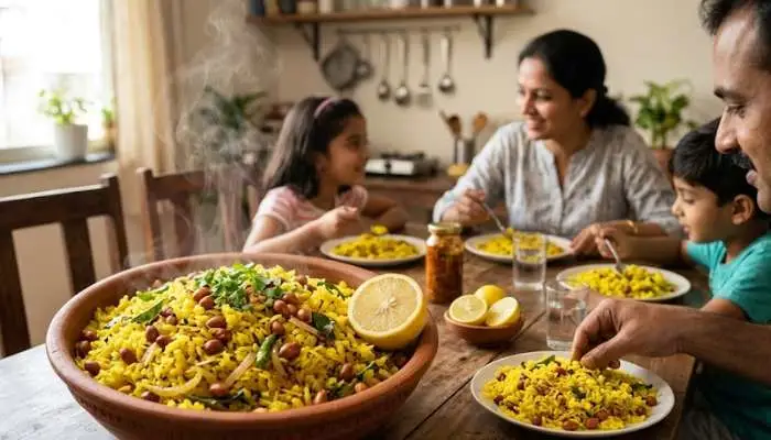 A steaming bowl of yellow Poha with peanuts and lemon, part of easy 30 minute meals for family.