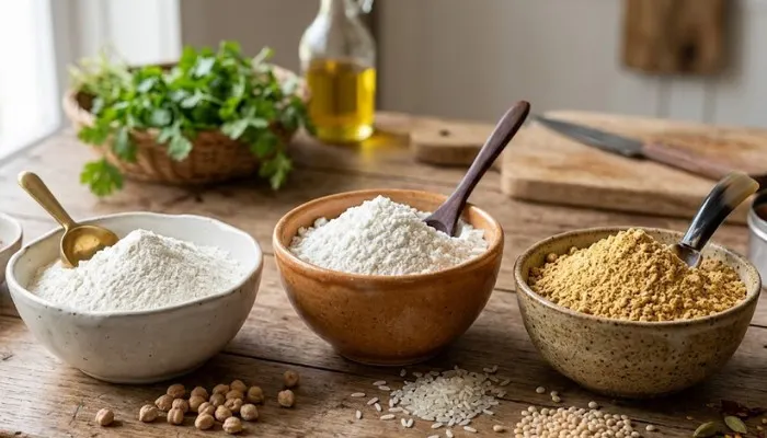 Bowls of maida, rice flour, and roasted lentil powder as alternatives to gram flour for snack recipes.