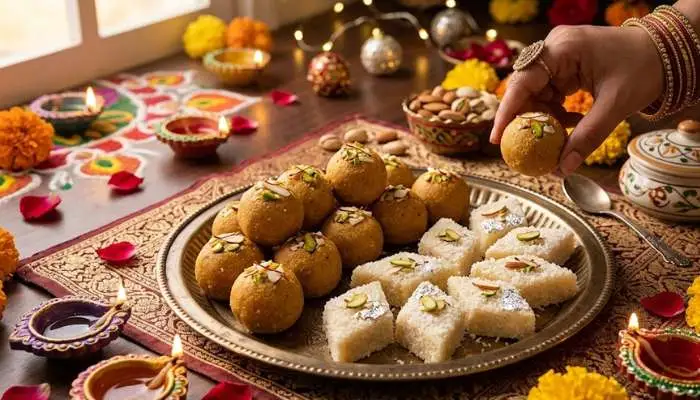 Homemade Besan Ladoo and Coconut Barfi prepared in 15 minutes for Diwali celebrations.