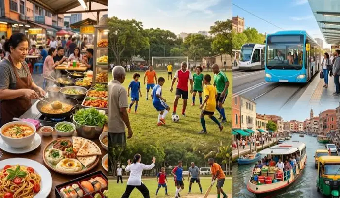 Daily culture examples including global food, sports, and transit in different communities.