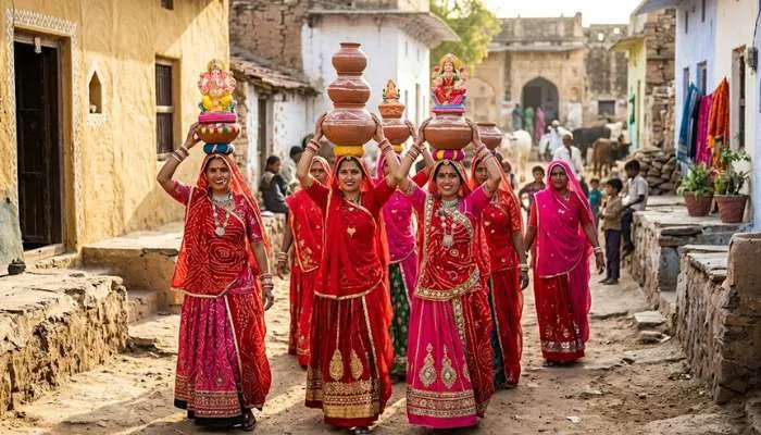 Rajasthani women carrying clay Gauri idols during Gangaur festival celebrations in Jaipur lanes.