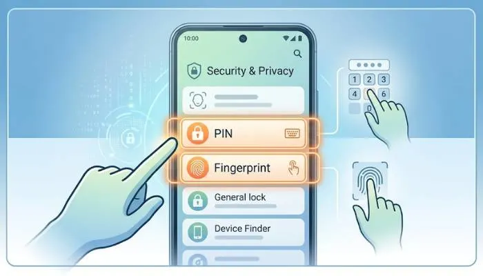 Android phone safety tips for setting a strong six-digit PIN and fingerprint lock in settings.