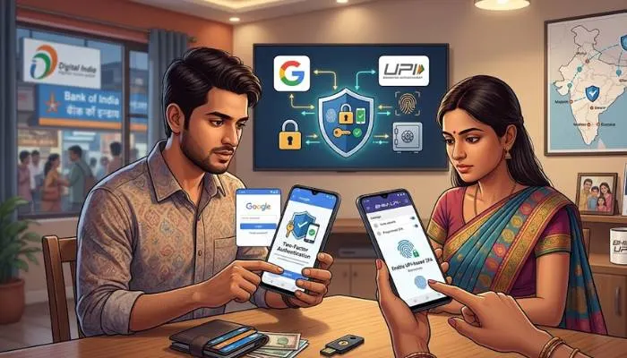 Enabling two-factor authentication for UPI and Gmail to prevent cyber crimes and bank scams in India.