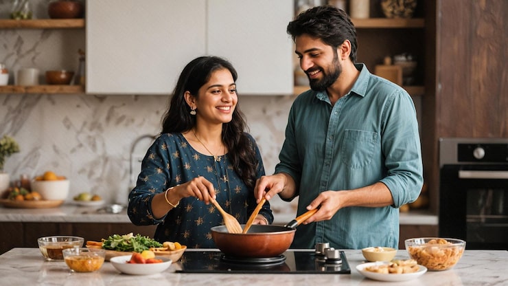 Improving relationships by cooking together and sharing daily chores in a traditional Indian kitchen.