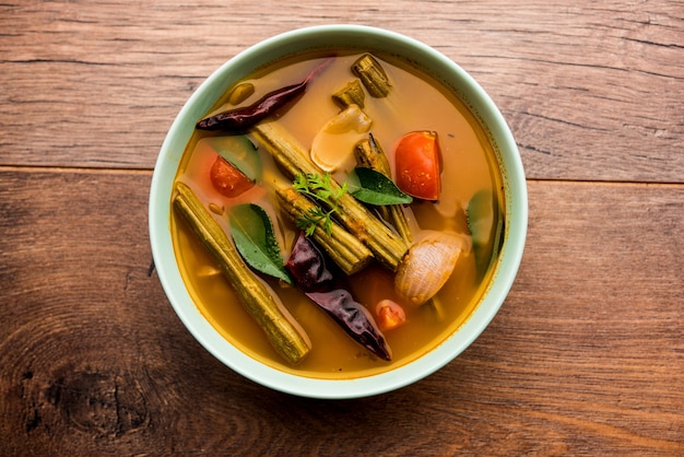Healthy drumstick sambar soup for bone strength and traditional Indian dinner taste.