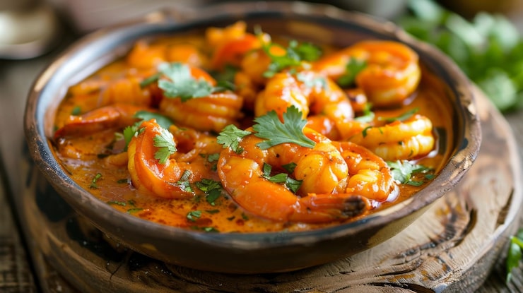 Authentic Goan prawn curry with coconut milk and red chillies served in a traditional clay pot.
