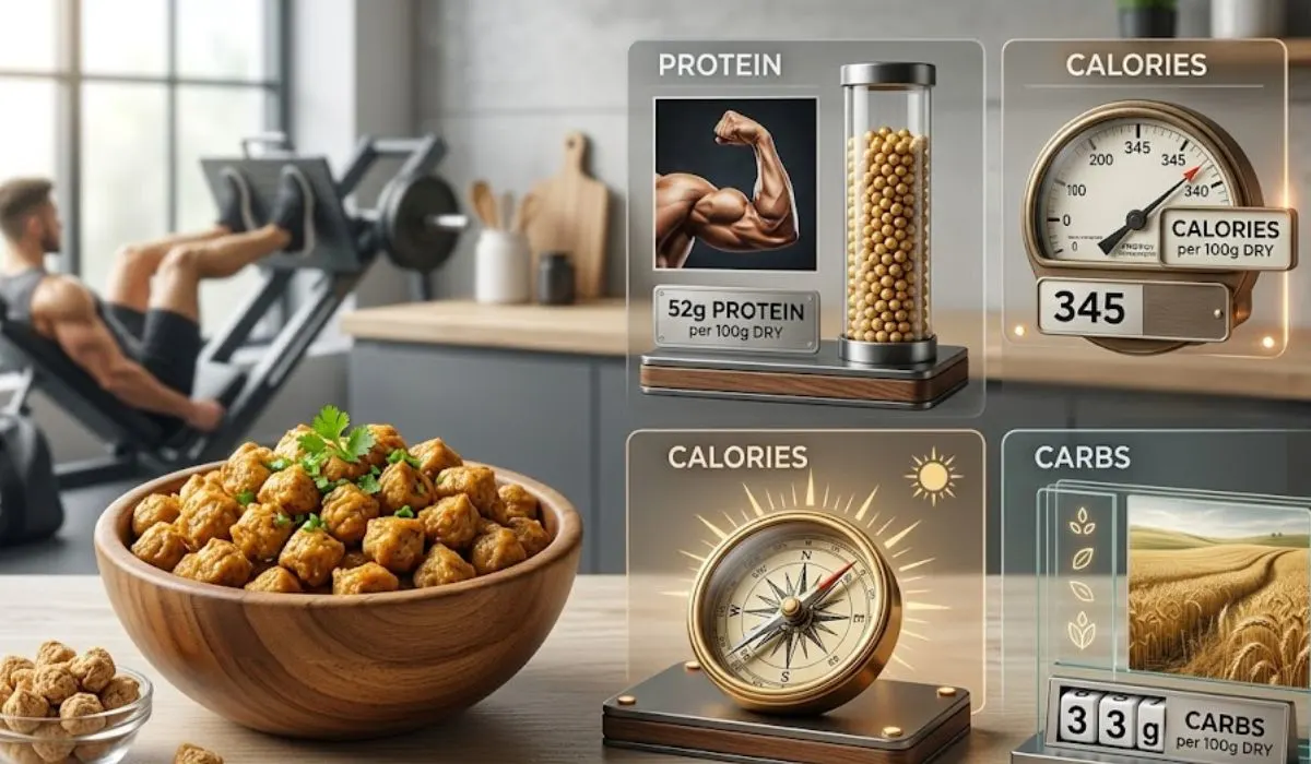 Infographic showing nutrition facts for soya chunks including protein, calories, and carbs for a vegetarian gym diet.