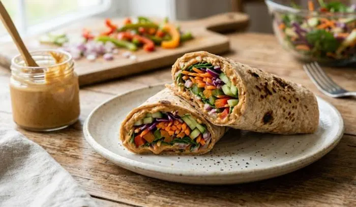 A 5 minute healthy Indian roti wrap filled with peanut butter and mixed vegetables A 5 minute healthy Indian roti wrap filled with peanut butter and mixed vegetables