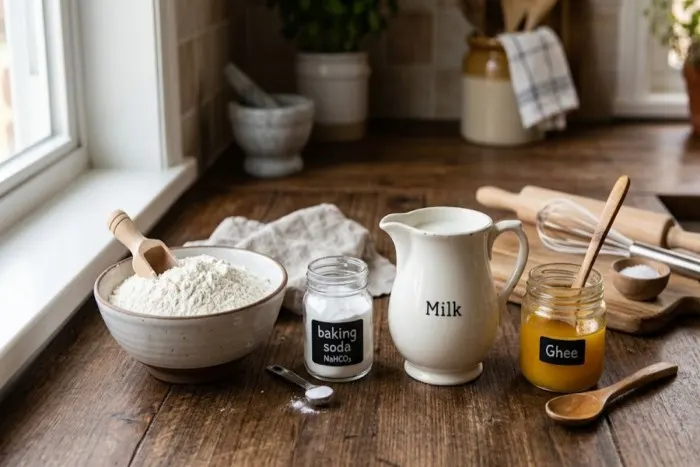 Ingredients for making naan without yeast laid out on a kitchen counter, including plain flour, baking soda, milk, and ghee. Ingredients for making naan without yeast laid out on a kitchen counter, including plain flour, baking soda, milk, and ghee.