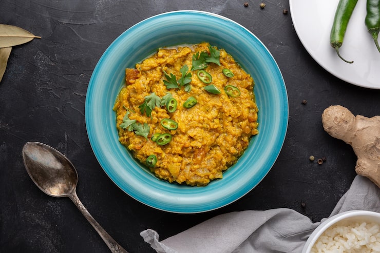A warm bowl of thick bajra and moong dal khichdi served hot, garnished with a tiny dollop of ghee and fresh coriander leaves.