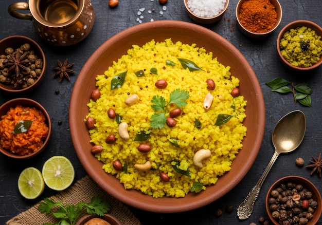 A plate of authentic yellow Indian kanda poha garnished with peanuts coriander and lemon A plate of authentic yellow Indian kanda poha garnished with peanuts coriander and lemon