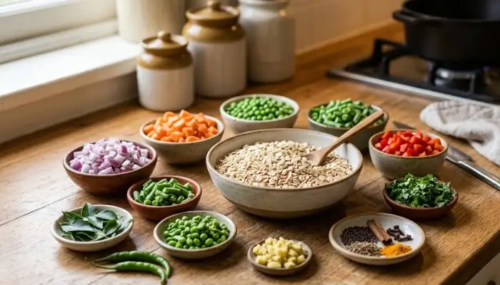 Fresh vegetables and raw rolled oats for homemade masala oats Fresh vegetables and raw rolled oats for homemade masala oats