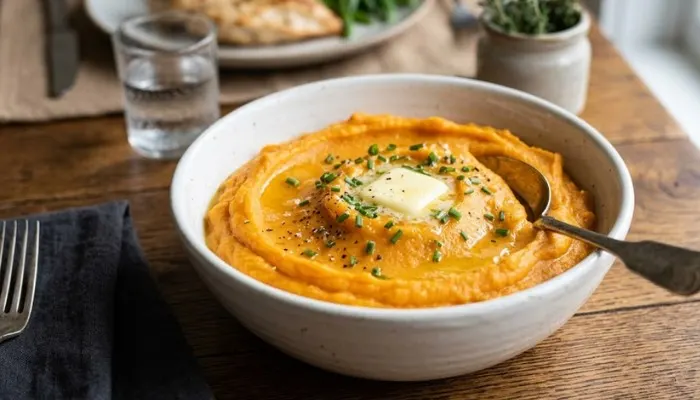 Creamy, smooth sweet potato mash served in a white bowl, perfect for a quick dinner side.