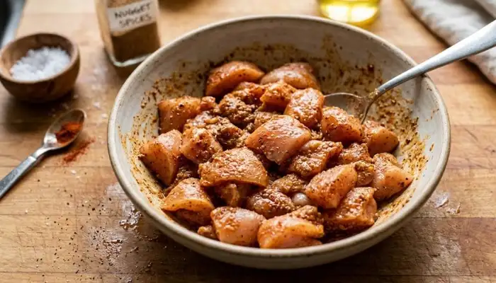 Bowl of raw chicken pieces marinating with spices for homemade nuggets.