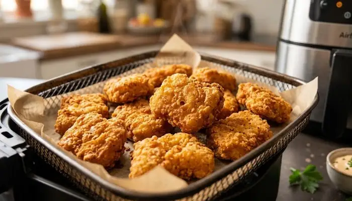 Close up of crispy golden-brown chicken nuggets fresh out of the air fryer.