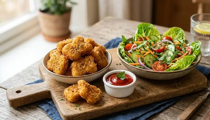 Homemade chicken nuggets served with ketchup and fresh salad on a wooden board.