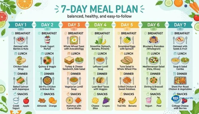 An infographic or a clean chart showing a 7-Day Meal Plan summary.