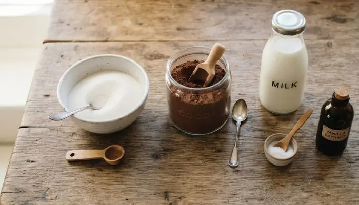 A flat-lay photo of basic kitchen ingredients: milk, cocoa powder, sugar, salt, and vanilla essence. A flat-lay photo of basic kitchen ingredients: milk, cocoa powder, sugar, salt, and vanilla essence.