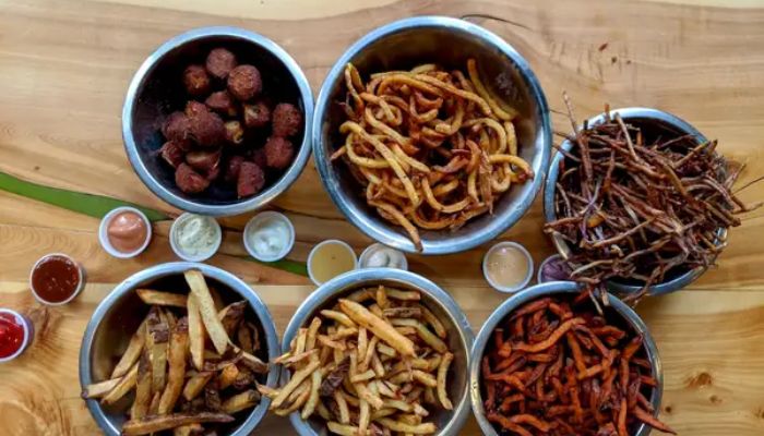A variety of hand-cut colorful fries with dipping sauces from the Boise Fry Company. A variety of hand-cut colorful fries with dipping sauces from the Boise Fry Company.
