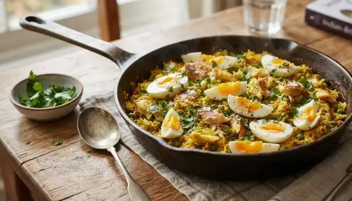A cast-iron skillet of savory golden kedgeree garnished with boiled eggs and fresh parsley. A cast-iron skillet of savory golden kedgeree garnished with boiled eggs and fresh parsley.
