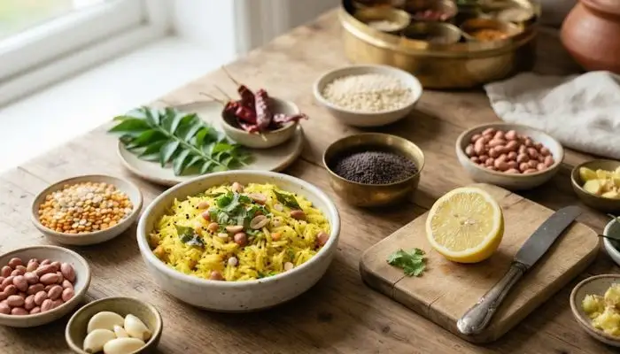 Simple ingredients for South Indian style lemon rice with mustard seeds and curry leaves Simple ingredients for South Indian style lemon rice with mustard seeds and curry leaves