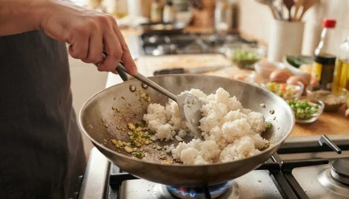 Breaking lumps of cold leftover rice by hand for fried rice Breaking lumps of cold leftover rice by hand for fried rice