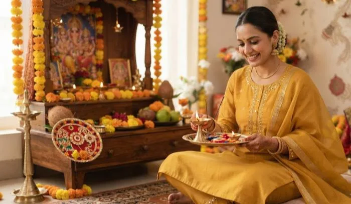 Elegant mustard yellow chanderi kurta set with minimal embroidery for Rakhi puja