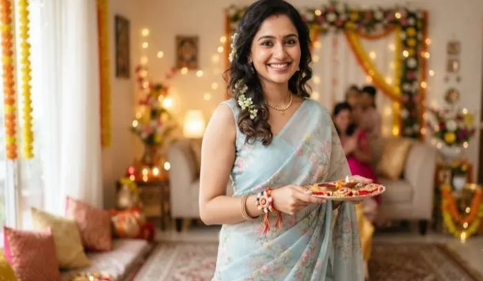 Woman in a light linen pastel saree with floral prints posing for Raksha Bandhan photos