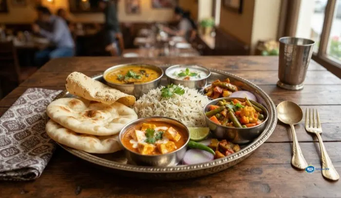 Complete vegetarian Indian lunch thali featuring dal tadka, paneer butter masala, mix veg, and jeera rice. Complete vegetarian Indian lunch thali featuring dal tadka, paneer butter masala, mix veg, and jeera rice.