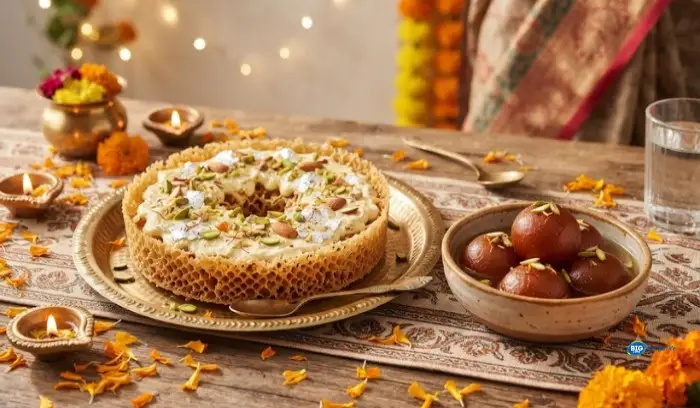 Festive Indian sweets including crispy honeycomb Ghevar topped with rabri and juicy Gulab Jamun. Festive Indian sweets including crispy honeycomb Ghevar topped with rabri and juicy Gulab Jamun.