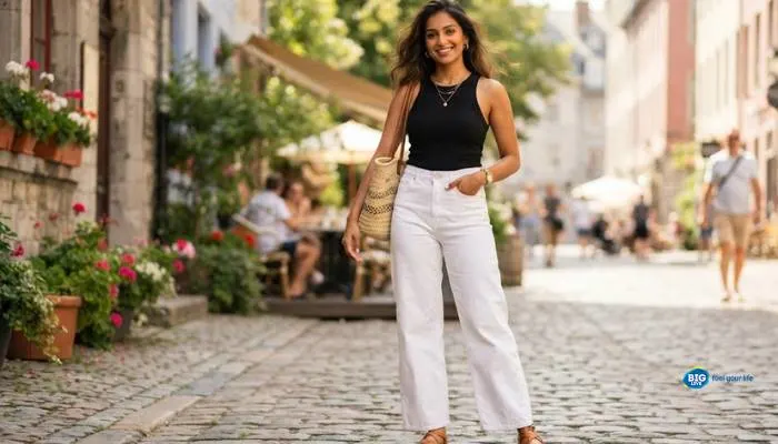 Summer outfit idea featuring white wide leg jeans, a black tank top, and sanda Summer outfit idea featuring white wide leg jeans, a black tank top, and sanda