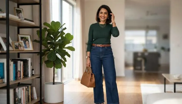 Polished outfit for women over 40 featuring dark wash wide leg jeans, a fine knit top Polished outfit for women over 40 featuring dark wash wide leg jeans, a fine knit top