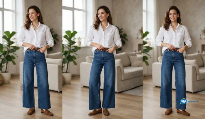 A model demonstrating a French tuck with a white button-down shirt and wide leg denim to show outfit balance. A model demonstrating a French tuck with a white button-down shirt and wide leg denim to show outfit balance.