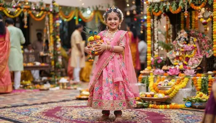 Little girl wearing a pink floral lehenga and traditional accessories for Janmashtami celebrations