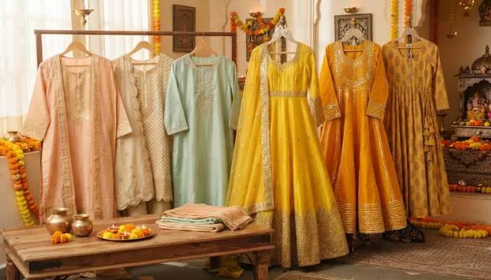 Collection of festive Chanderi kurta sets and yellow Anarkali dresses for morning puja and evening aarti