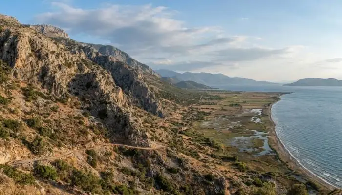 Scenic view of the rugged mountain pass at Thermopylae where Ephialtes betrayed the Spartan army Scenic view of the rugged mountain pass at Thermopylae where Ephialtes betrayed the Spartan army