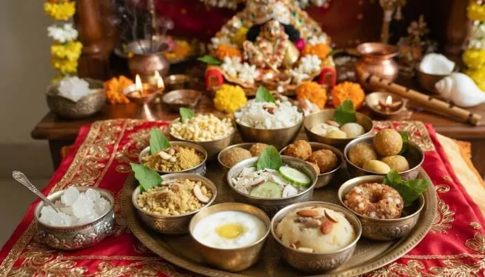 Assorted easy Janmashtami food recipes laid out in small silver and brass bowls for Lord Krishna puja and prasad distribution. Assorted easy Janmashtami food recipes laid out in small silver and brass bowls for Lord Krishna puja and prasad distribution.