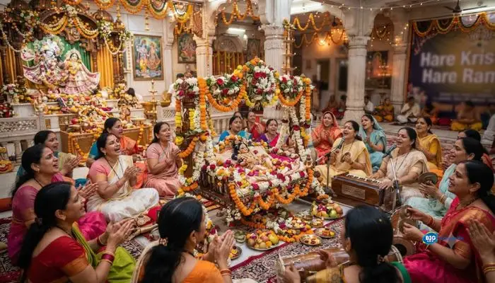 A flower-decorated cradle or jhula with a baby Krishna idol surrounded by devotees singing kirtan at an ISKCON temple.
