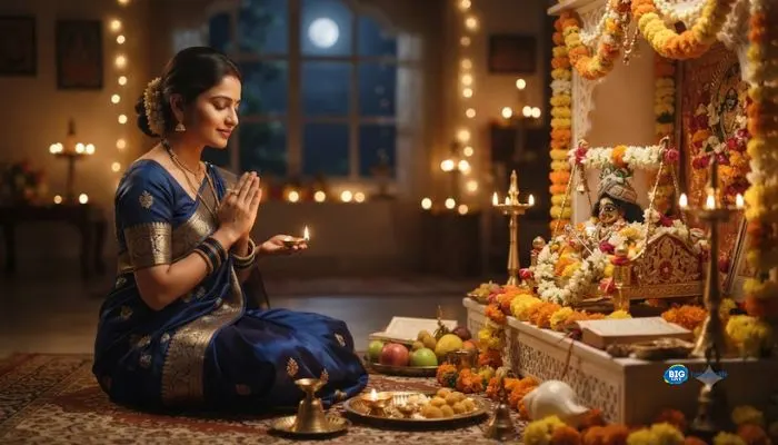 An ornate idol of Lord Krishna decorated with flowers, peacock feathers, and glowing diyas for Janmashtami celebrations.