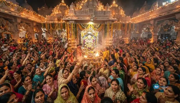 Thousands of devotees gathered inside the illuminated Shri Krishna Janmabhoomi Temple in Mathura during midnight aarti.