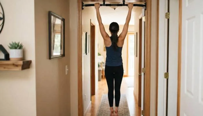 A standard doorway pull-up bar installed securely in a home hallway for beginners to practice dead hangs. A standard doorway pull-up bar installed securely in a home hallway for beginners to practice dead hangs.