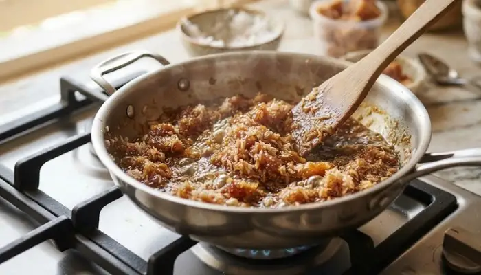 Fresh grated coconut and jaggery cooking in a pan for the modak filling