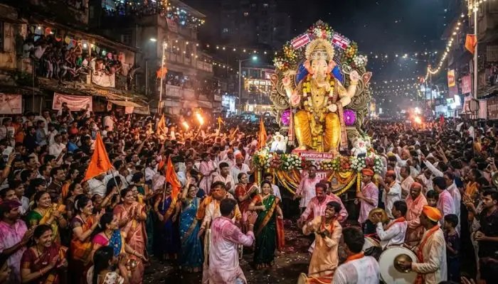 Devotees participating in the famous late-visarjan procession of Andhericha Raja Devotees participating in the famous late-visarjan procession of Andhericha Raja