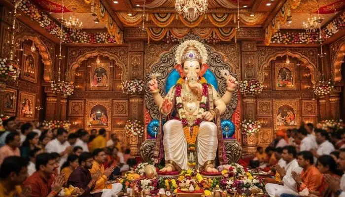 Grand theme decoration and majestic idol of Lalbaugcha Raja during Ganesh Chaturthi Grand theme decoration and majestic idol of Lalbaugcha Raja during Ganesh Chaturthi