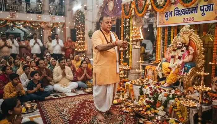 Devotee performing aarti during Vishwakarma Puja 2026 celebrations Devotee performing aarti during Vishwakarma Puja 2026 celebrations