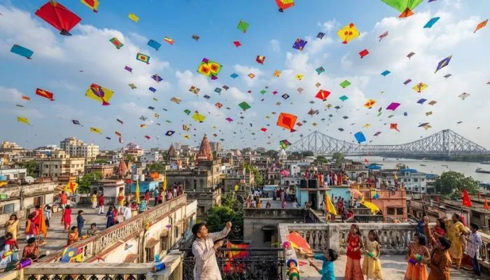 Colorful kites in the sky during Biswakarma Puja celebrations in West Bengal Colorful kites in the sky during Biswakarma Puja celebrations in West Bengal